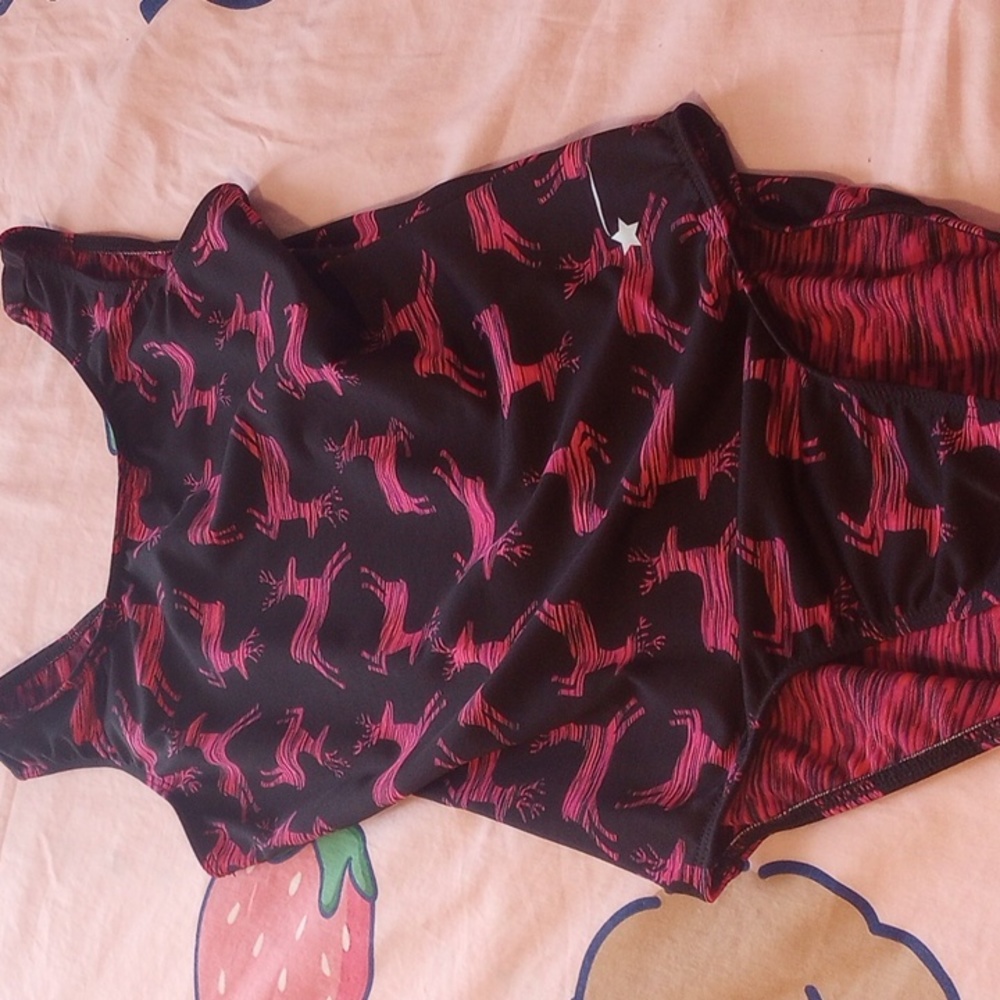 Girls Black and Pink Reindeer Print Swimsuit